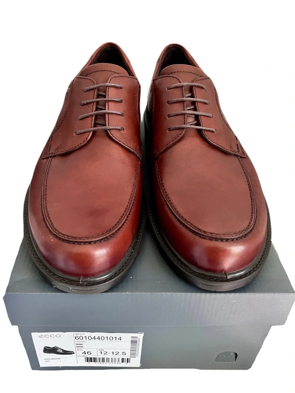 NIB Ecco Brown Leather ‘Boston Apron Toe’ Oxfords in “Mink”, Size 46